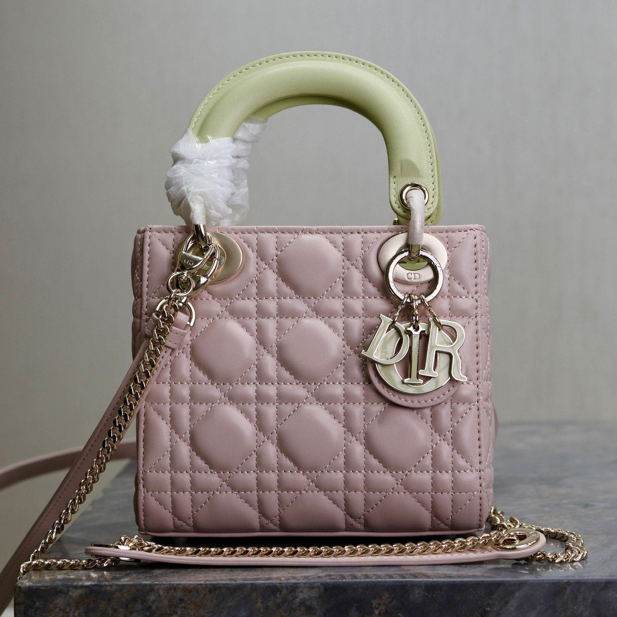 DIOR MINI LADY BAG 17 IN BABY PINK QUILTED MACROCANNAGE CALFSKIN SWAMP YELLOW STRAP