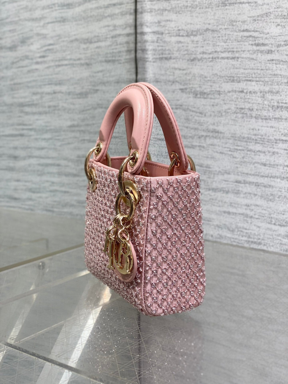 DIOR MICRO 12 LADY BAG IN BLUSH PINK SATIN WITH BEADING
