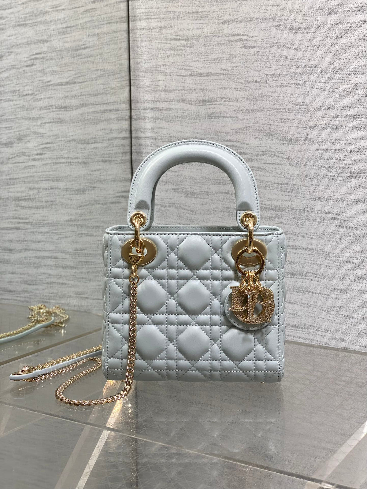 DIOR 25S MINI LADY  BAG 17 IN LIGHT BLUE CALFSKIN CHARM CRYSTAL EMBELLISHMENTS